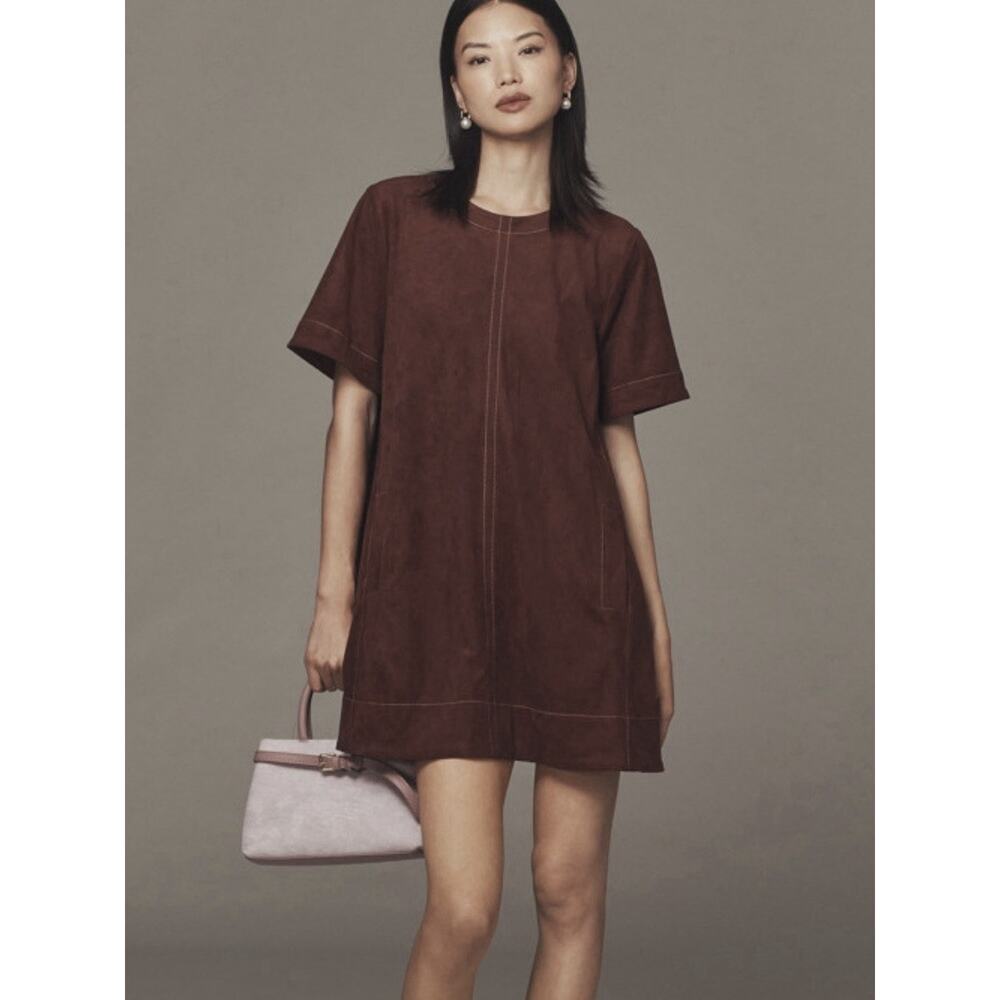 Maeve The Emmy Faux Suede Short Sleeve Mini Swing Dress In Burgundy Size S